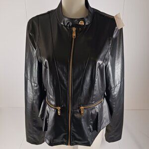 Steve Madden Moto Biker Jacket Womens L Black Faux Leather Gold Zipper Ruffle